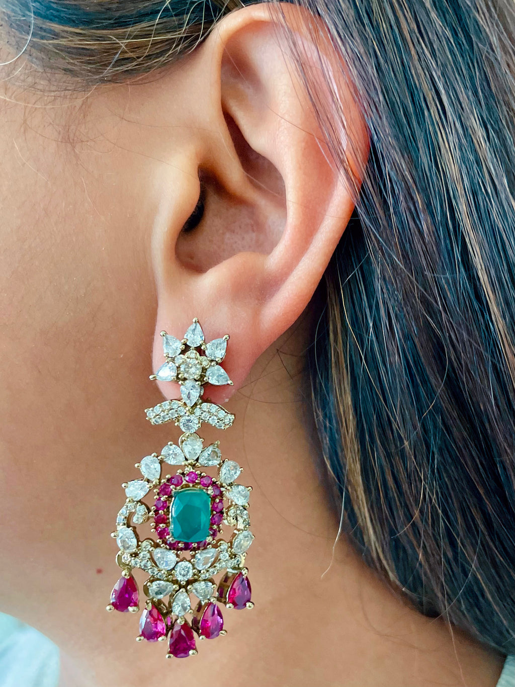 Elina Emerald & Ruby Moissanite Diamond Polki Kundan Royal Choker Necklace Set — worn on model — Prerto