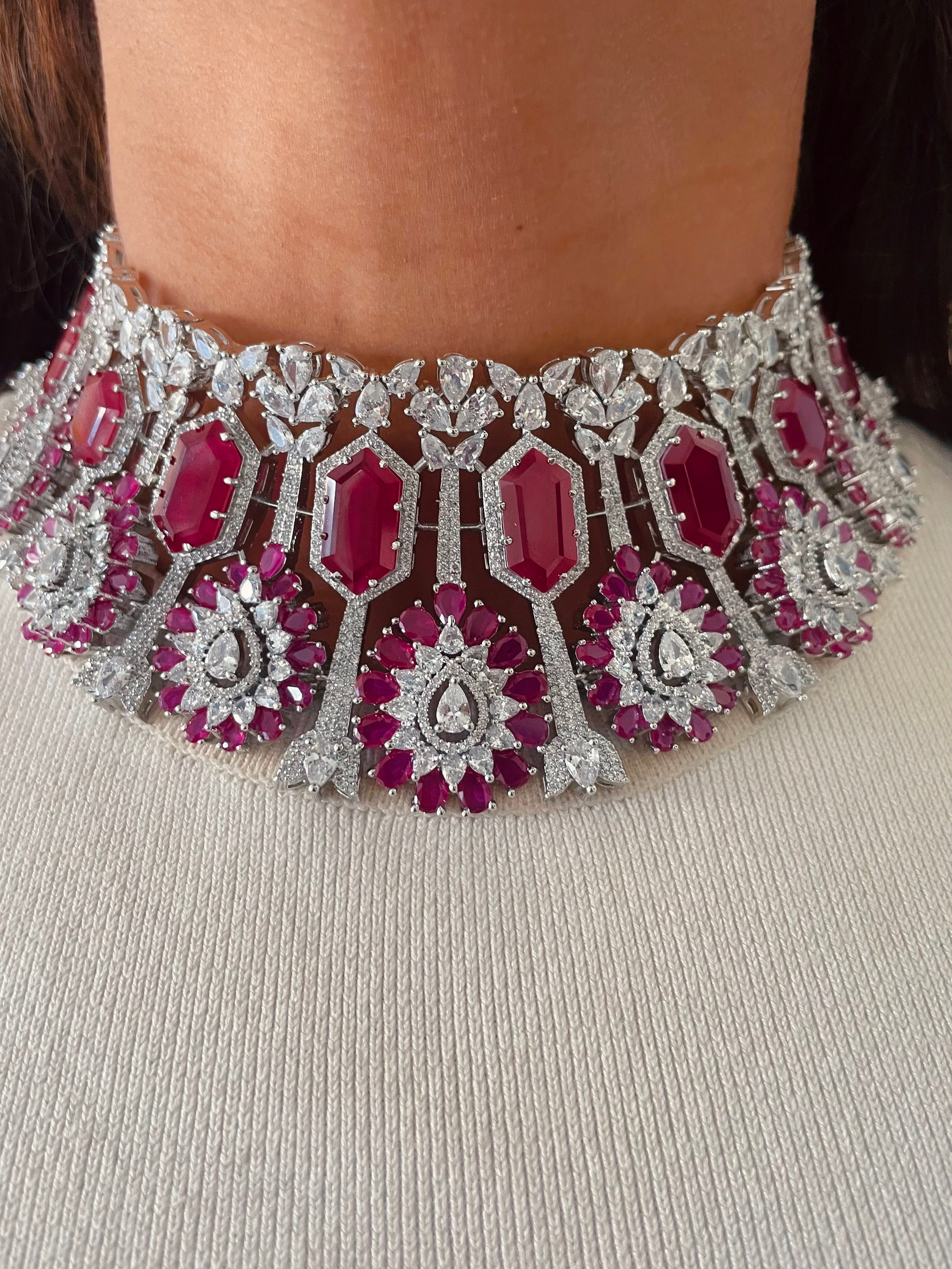 Lara Ruby Diamond Couture Choker Necklace Set — front view — Prerto