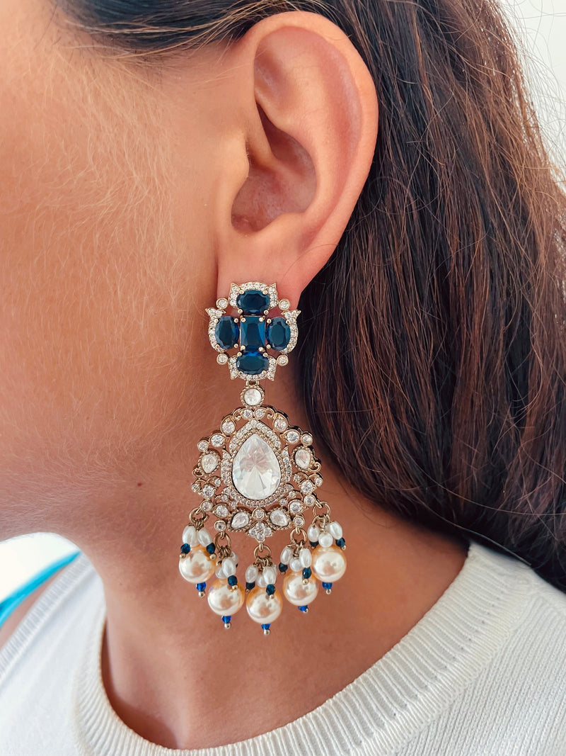 Meetu Sapphire Pearls & Polki Dangling Statement Necklace Set — worn on model — Prerto