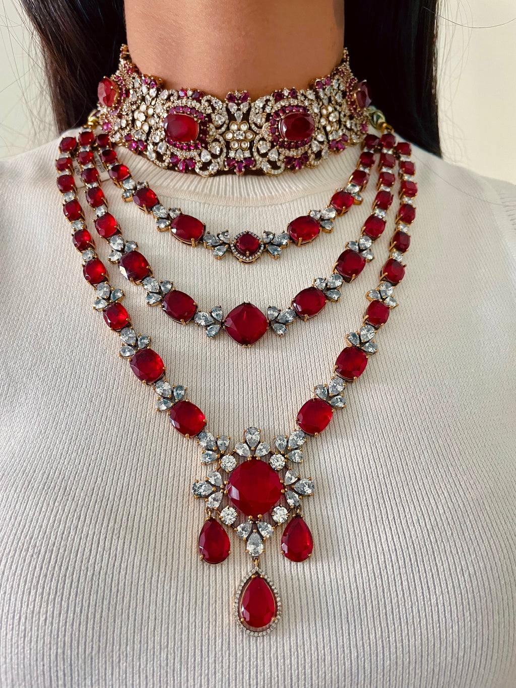 Maharani Ruby Polki Kundan Royal Choker & Ruby Diamond Haar Duo Necklace Set — front view — Prerto