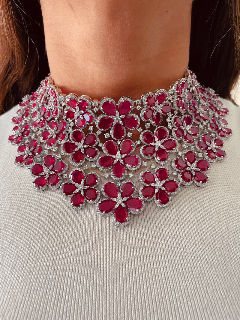 Alina Ruby Dynasty Floral Majesty Diamond Choker Necklace Set — front view — Prerto