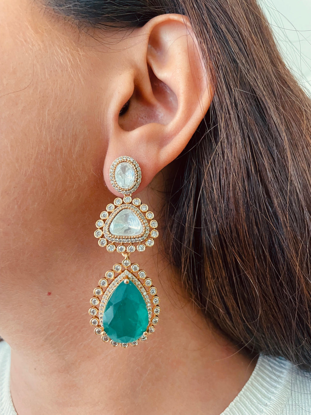 5 Layer Gold Plated Moissanite Polki Kundan Diamond Emerald Drop Necklace Set — worn on model — Prerto