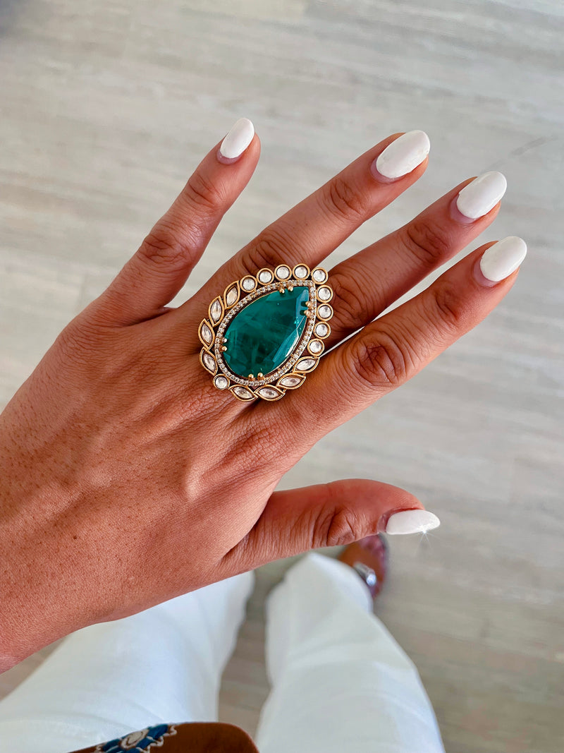 Ivy Emerald Aura Polki Kundan Cocktail Ring by Prerto — Indian bridal jewellery