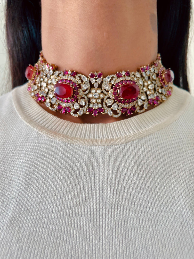 Elina Ruby Moissanite Diamond Polki Kundan Royal Choker Necklace Set — front view — Prerto