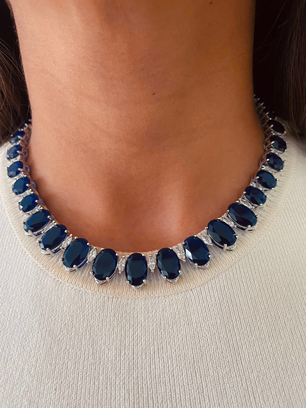Single Line Sapphires Marquis Setting Necklace Set — front view — Prerto