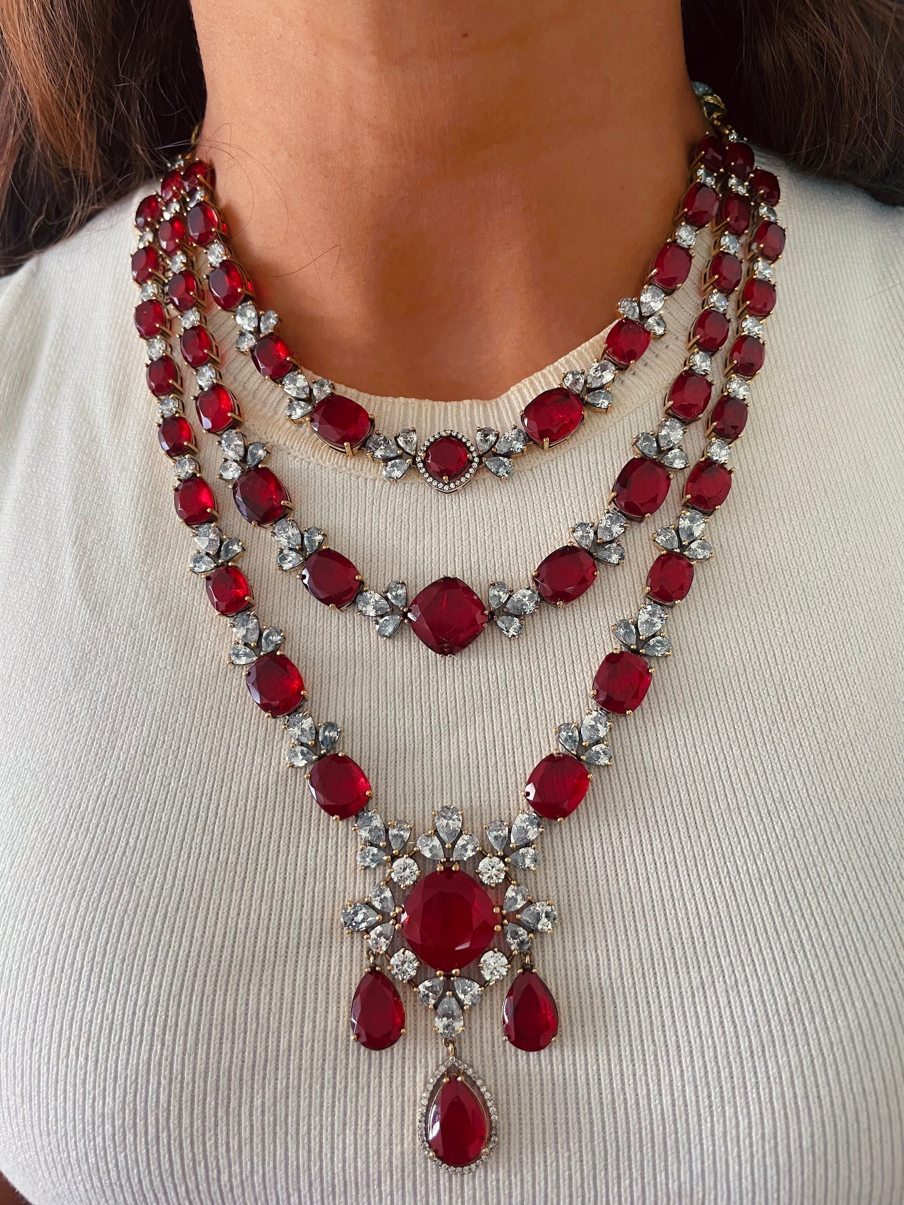 Maharani Ruby Polki Kundan Royal Choker & Ruby Diamond Haar Duo Necklace Set — detail view — Prerto