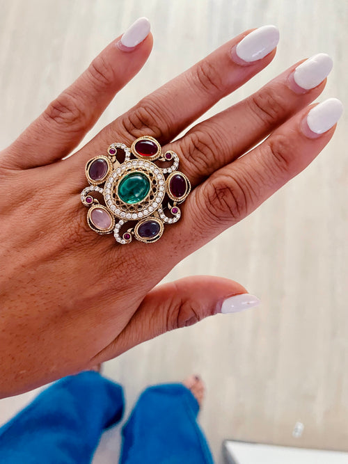 Aurelia Mint Green Aura Polki Kundan Couture Ring by Prerto — Indian bridal jewellery