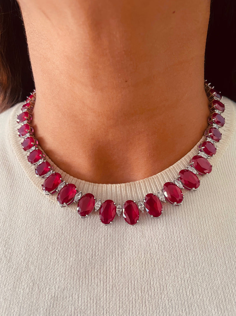 Anicka Ruby Oval Diamond Line Necklace & Earrings Set — front view — Prerto