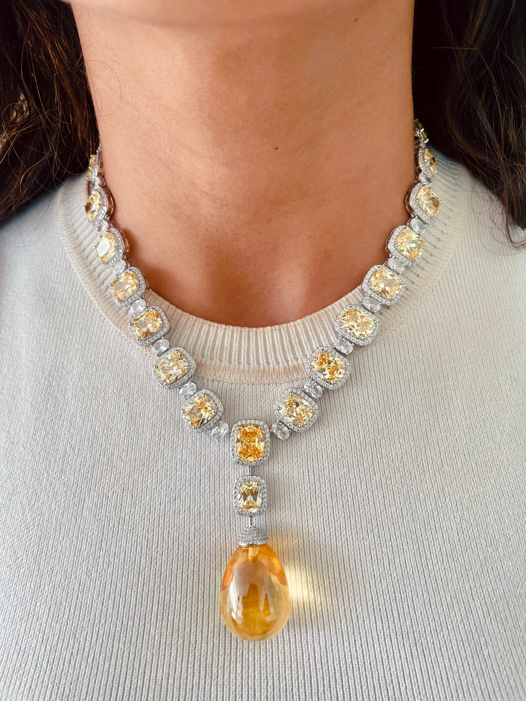 Citrine Cushion Cut Zircon Detailing Necklace Set — front view — Prerto