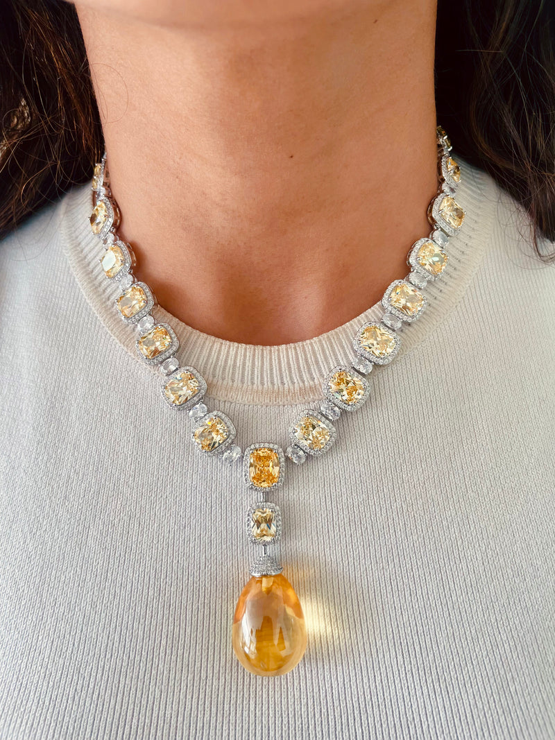 Citrine Cushion Cut Zircon Detailing Necklace Set — front view — Prerto