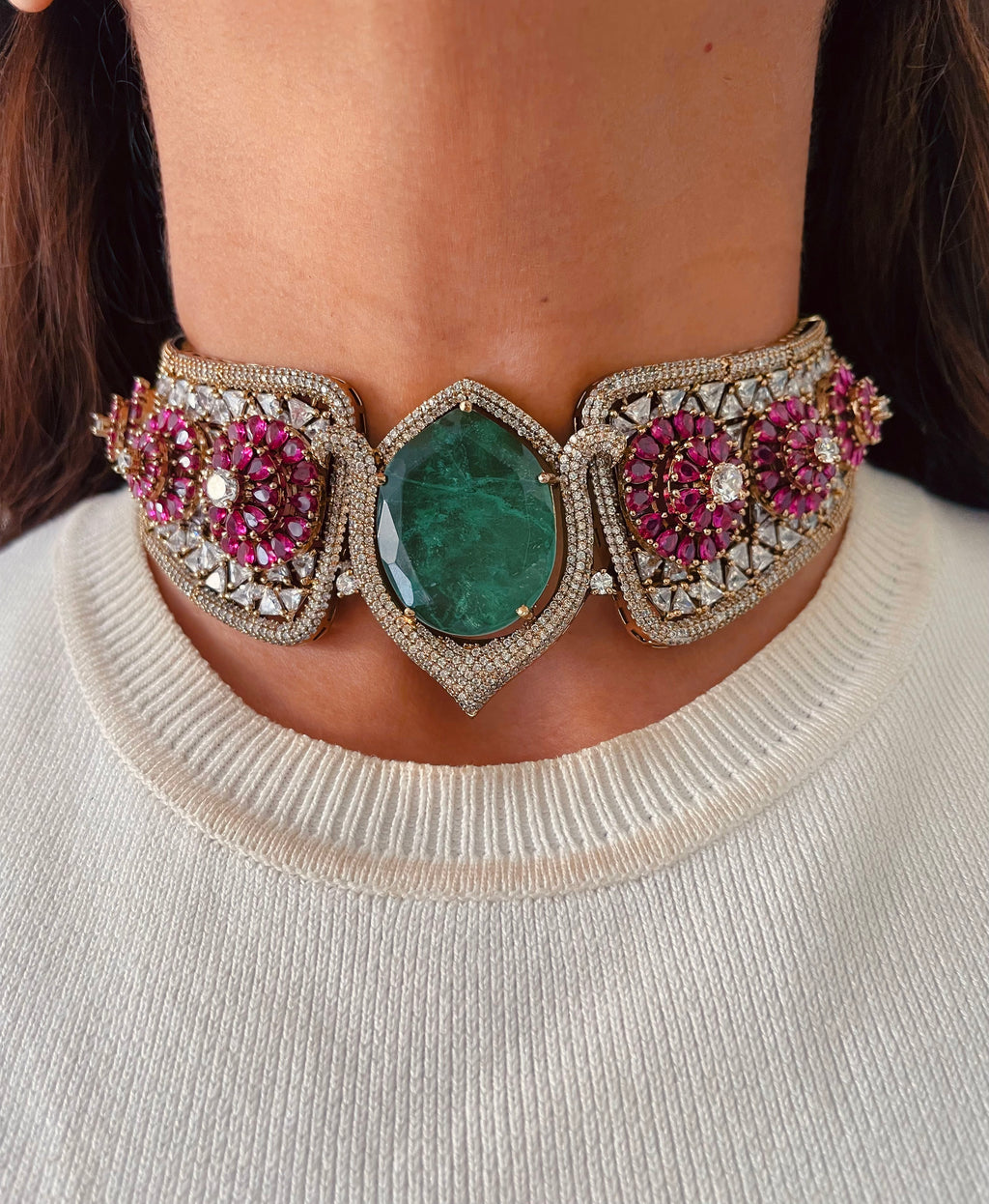 Ruchika Emerald & Ruby Aureline Moissanite Polki Couture Rajdarbar Necklace Set — front view — Prerto