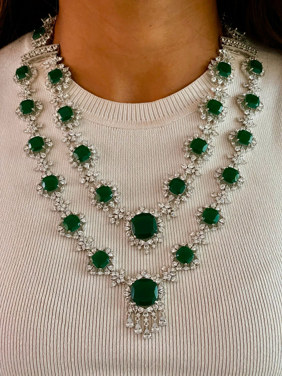 2 Layer Statement Emerald Floral Necklace Set (Necklace & Earrings)