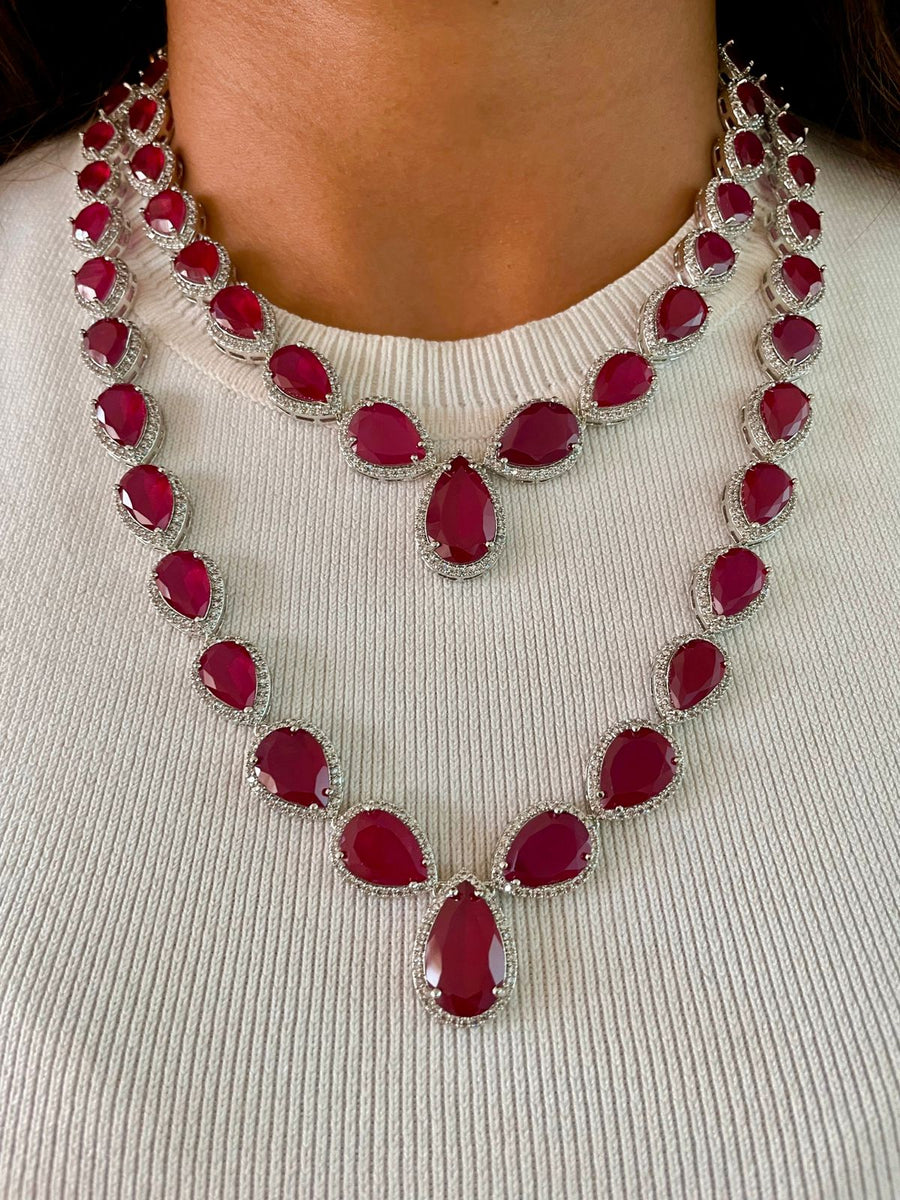 2 Layer Statement Ruby Tear Drop Necklace Set (Necklace & Earrings)