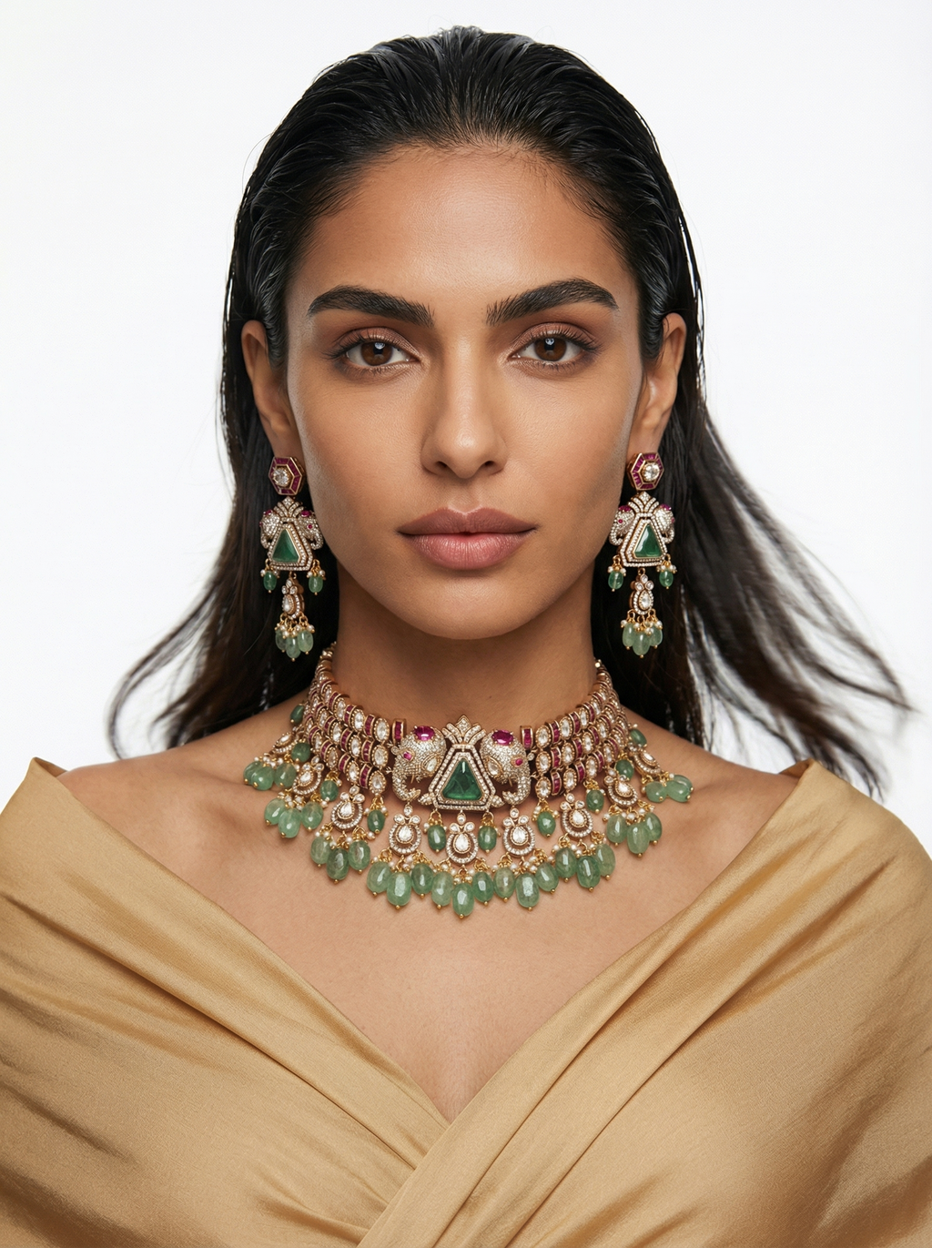 Ruby & Emerald Dual Elephant Choker Necklace Set — front view — Prerto