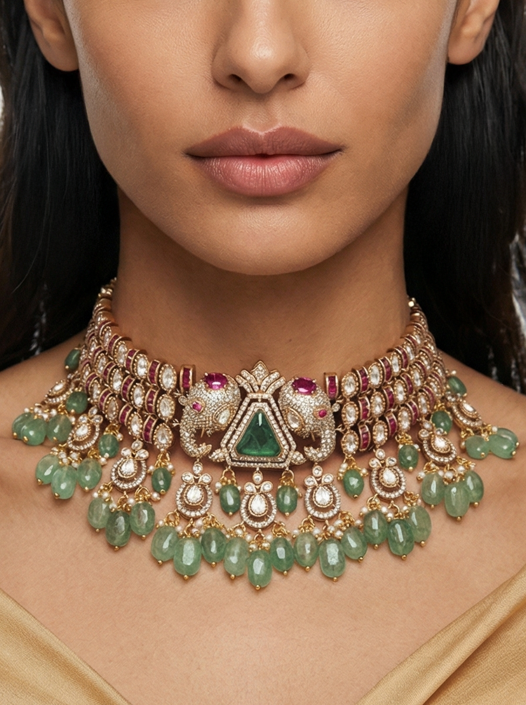 Ruby & Emerald Dual Elephant Choker Necklace Set — worn on model — Prerto