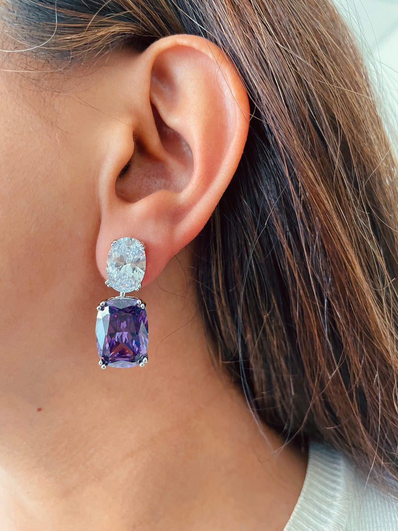 Elina Amethyst Square Drop Dimonte Statement Necklace Set — worn on model — Prerto