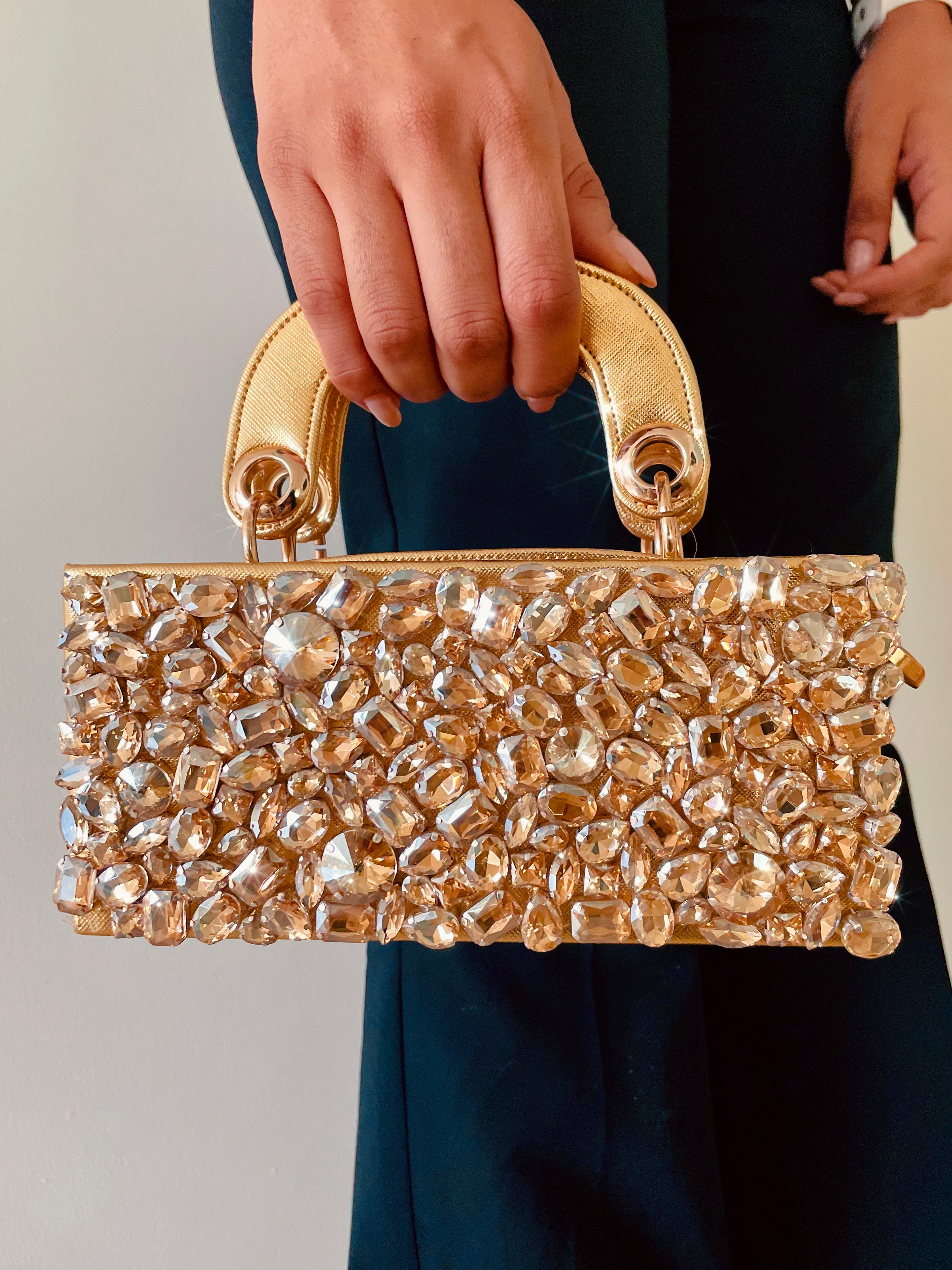 Gold Crystal Studded Long Clutch Bag by Prerto — wedding & festive occasion accessory
