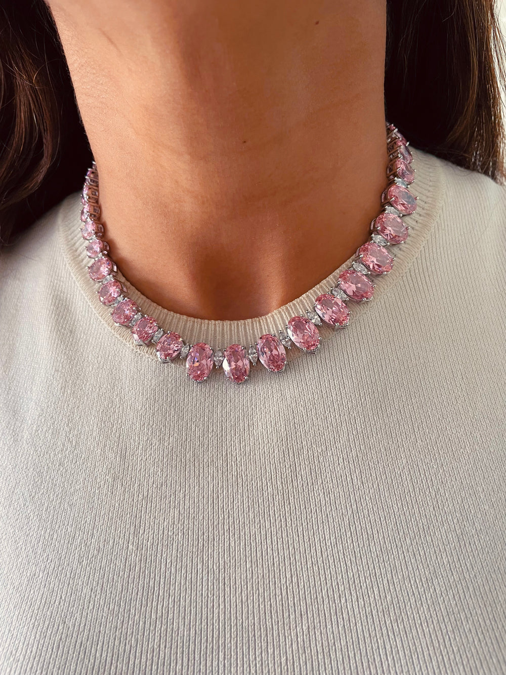 Maharani Blossom Oval Diamond & Blossom Pink Drop Duo Necklace Set — worn on model — Prerto