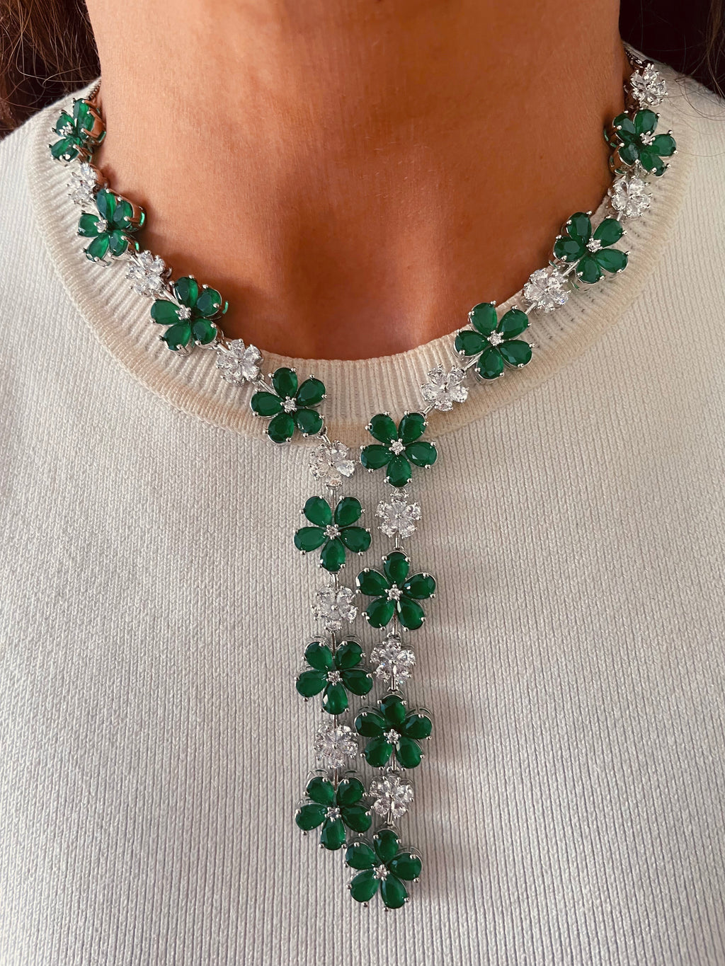 Floral Emerald & Diamond Statement Two Lines Necklace Set — front view — Prerto