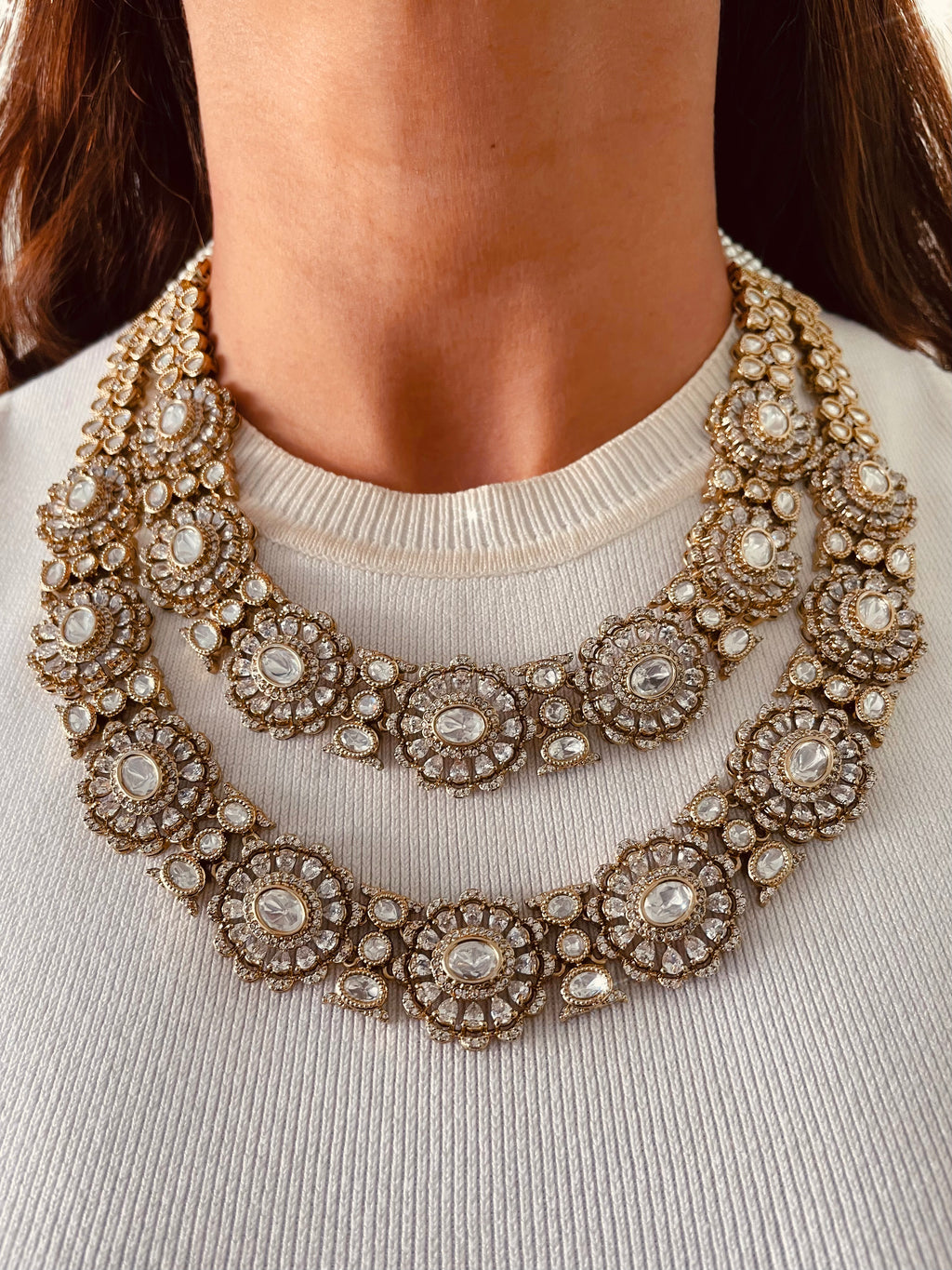 Double Layered Floral Moissanite Couture Polki Kundan Necklace Set — front view — Prerto