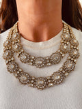 Double Layered Floral Moissanite Couture Polki Kundan Necklace Set — front view — Prerto