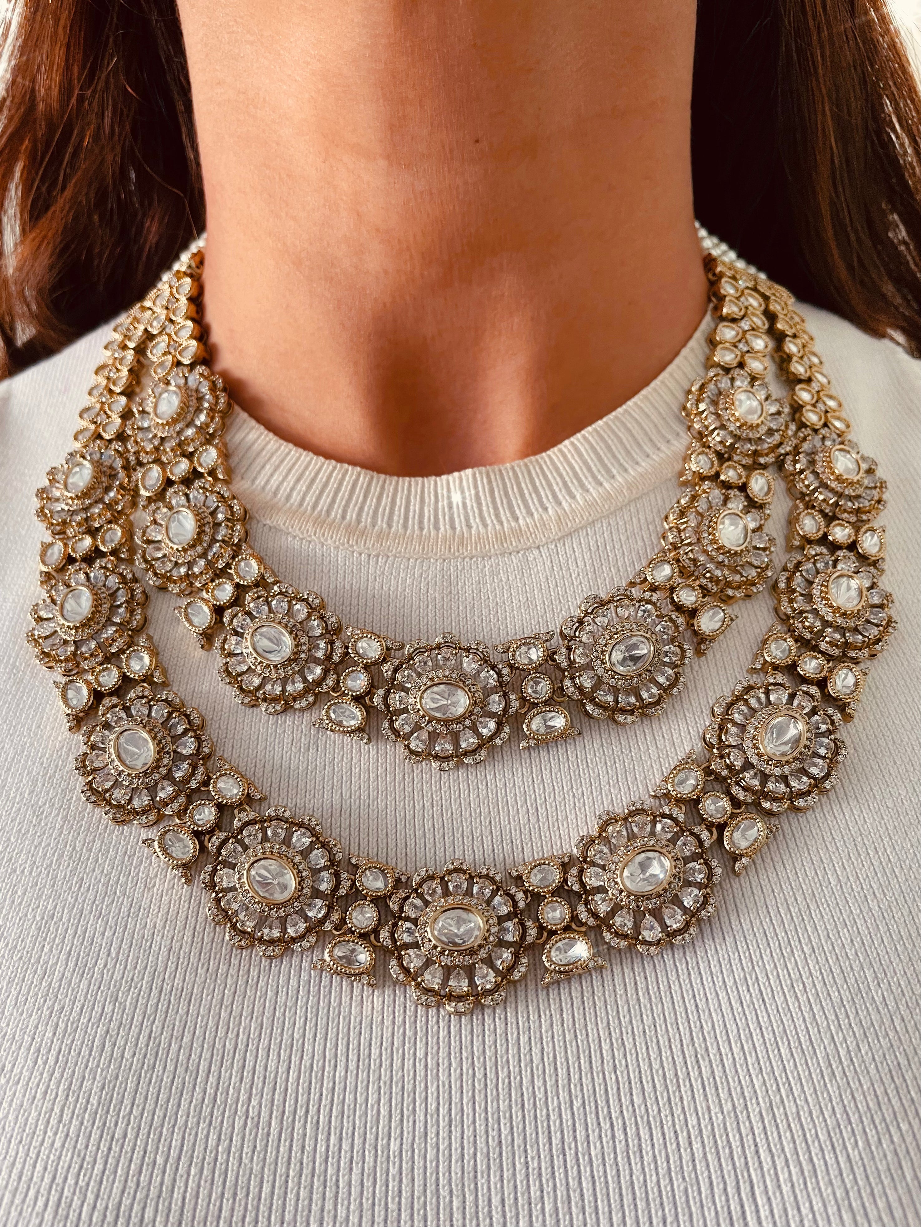 Double Layered Floral Moissanite Couture Polki Kundan Necklace Set — front view — Prerto