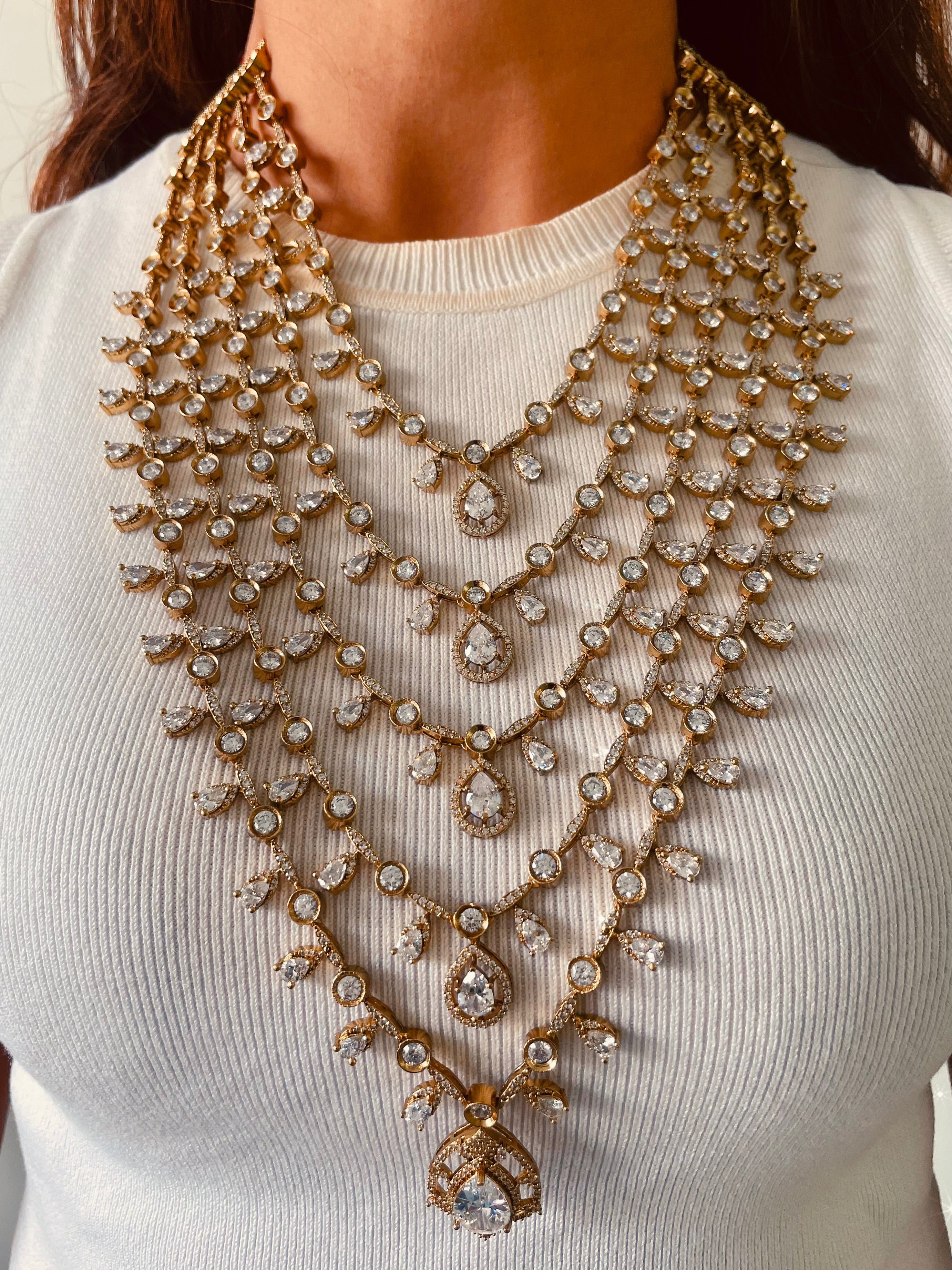 Zareen Moissanite Sheeshmahal Imperial Cascade Haar Necklace Set — front view — Prerto
