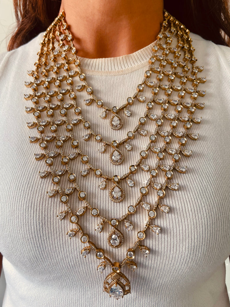 Zareen Moissanite Sheeshmahal Imperial Cascade Haar Necklace Set — front view — Prerto