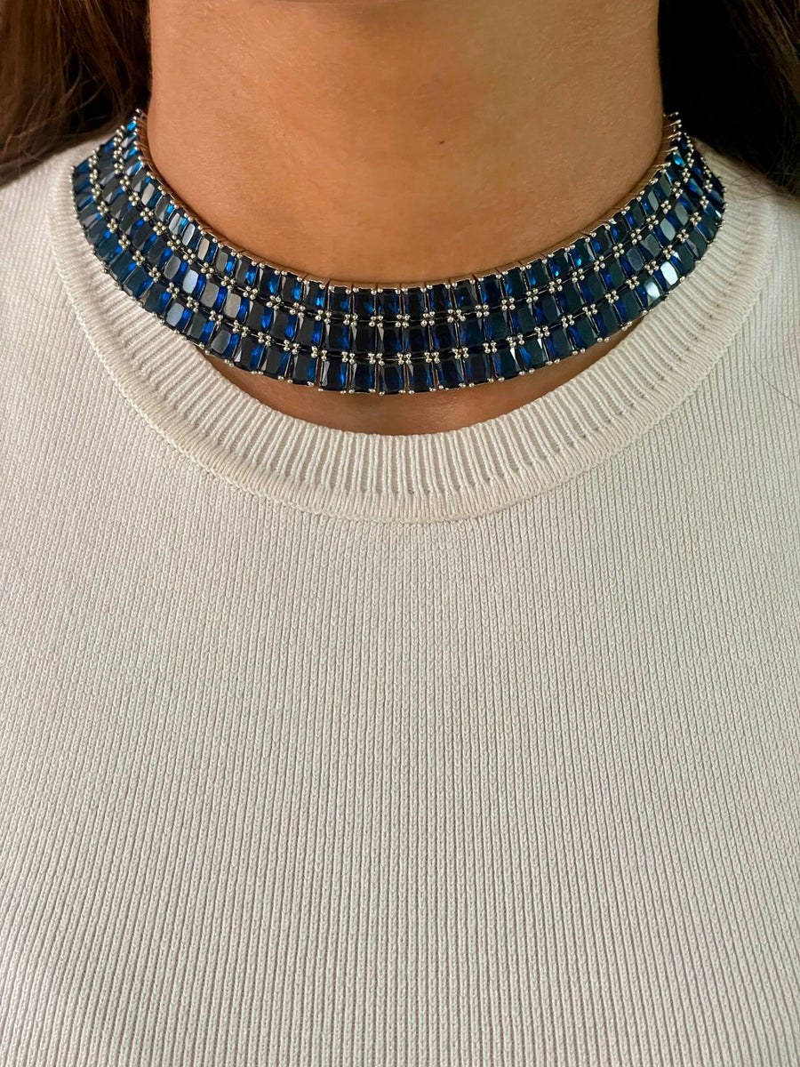 Maharani 3 capa Baguette Sapphire & Baguette Sapphire Dimonte Choker Set (Pendientes y collar)