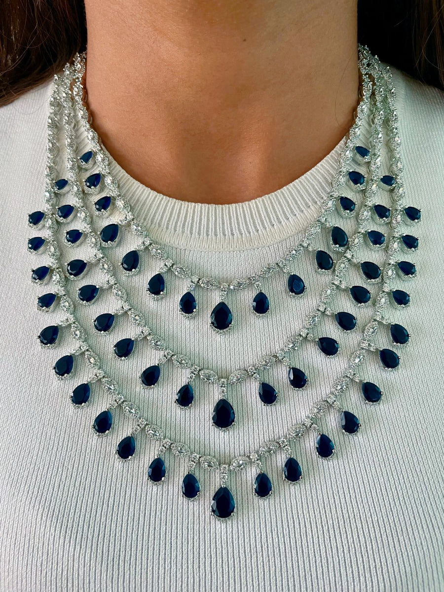 3 Layer Sapphire Drop Dimonte Necklace Set (Necklace & Earrings)