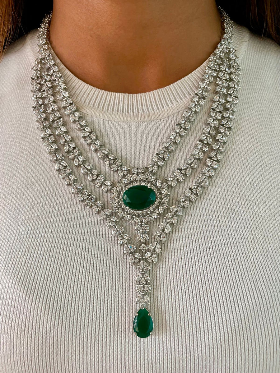 3 Layer Tear Drop Dimonte Emerald Necklace Set (Earrings & Necklace)