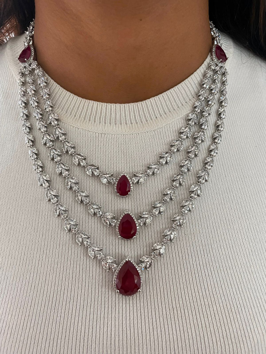 3 Layer Tulip Diamond Ruby Tear Drop Necklace Set (Necklace, Earrings, Ring & Bracelet)