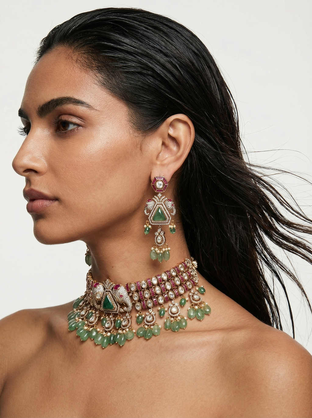 Ruby & Emerald Dual Elephant Choker Necklace Set — flat lay — Prerto