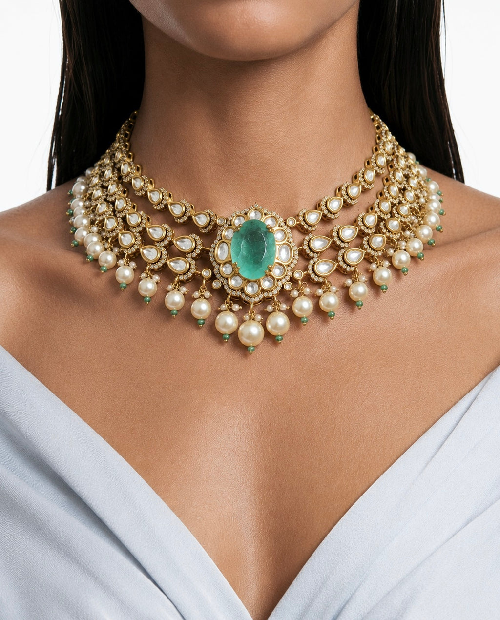 Kiran Mint Pearl Moissanite Polki Kundan Statement Luxe Necklace Set by Prerto