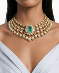 Kiran Mint Pearl Moissanite Polki Kundan Statement Luxe Necklace Set by Prerto