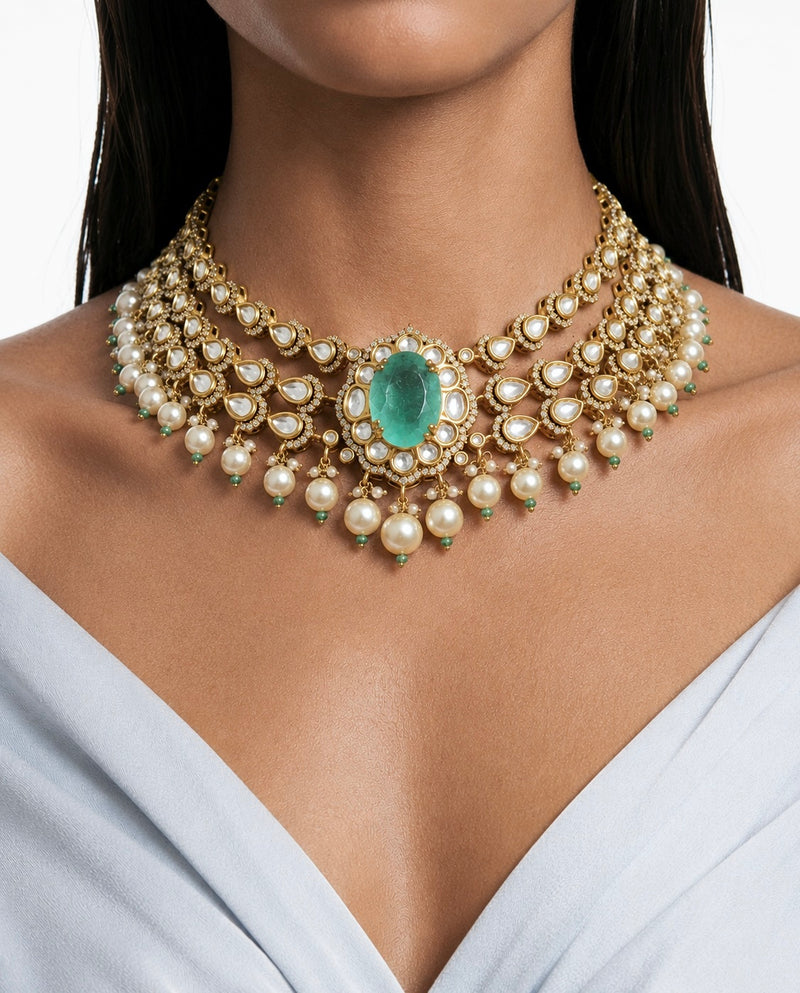 Kiran Mint Pearl Moissanite Polki Kundan Statement Luxe Necklace Set by Prerto