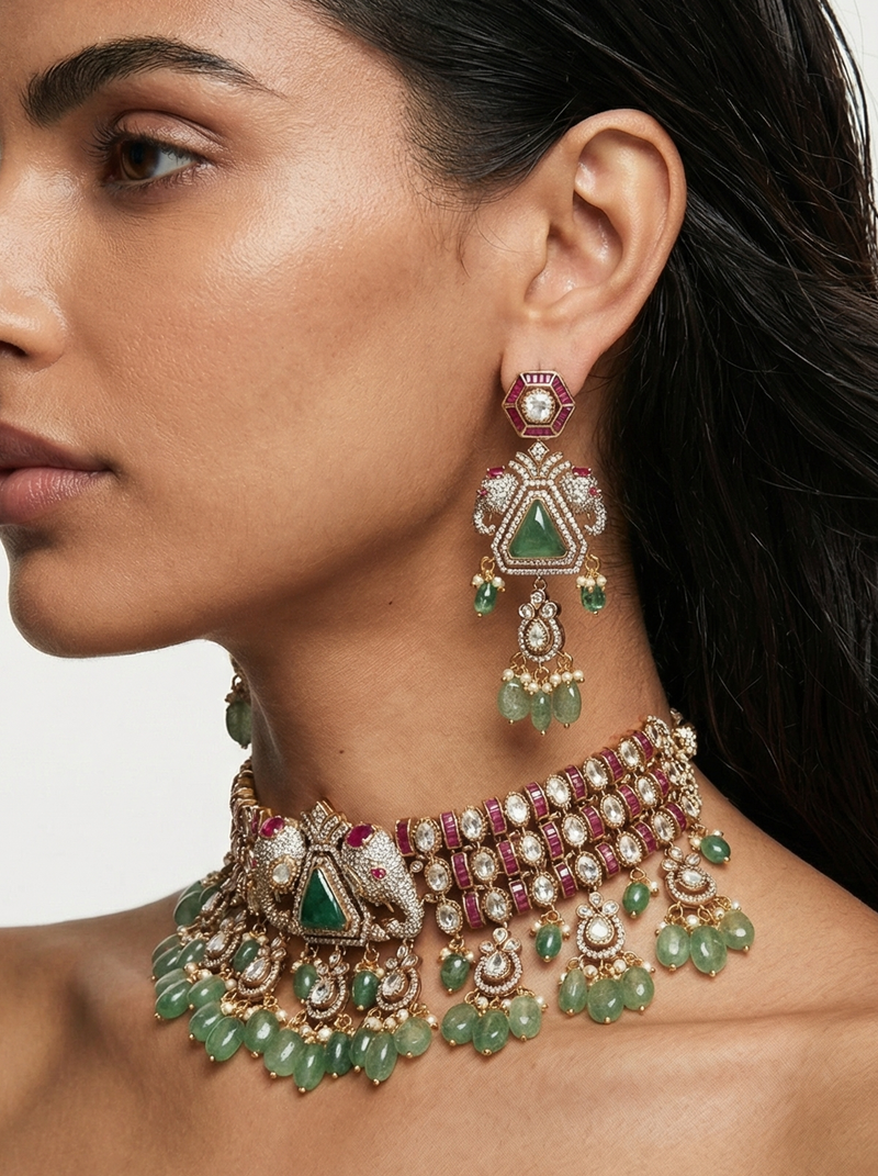 Ruby & Emerald Dual Elephant Choker Necklace Set — detail view — Prerto