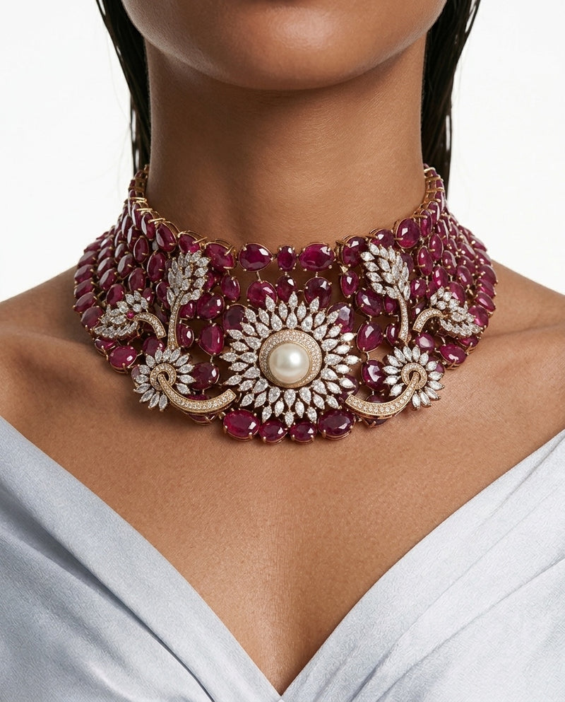 Asiyah Ruby Pearl Moissanite Polki Kundan Statement Luxe Necklace Set by Prerto