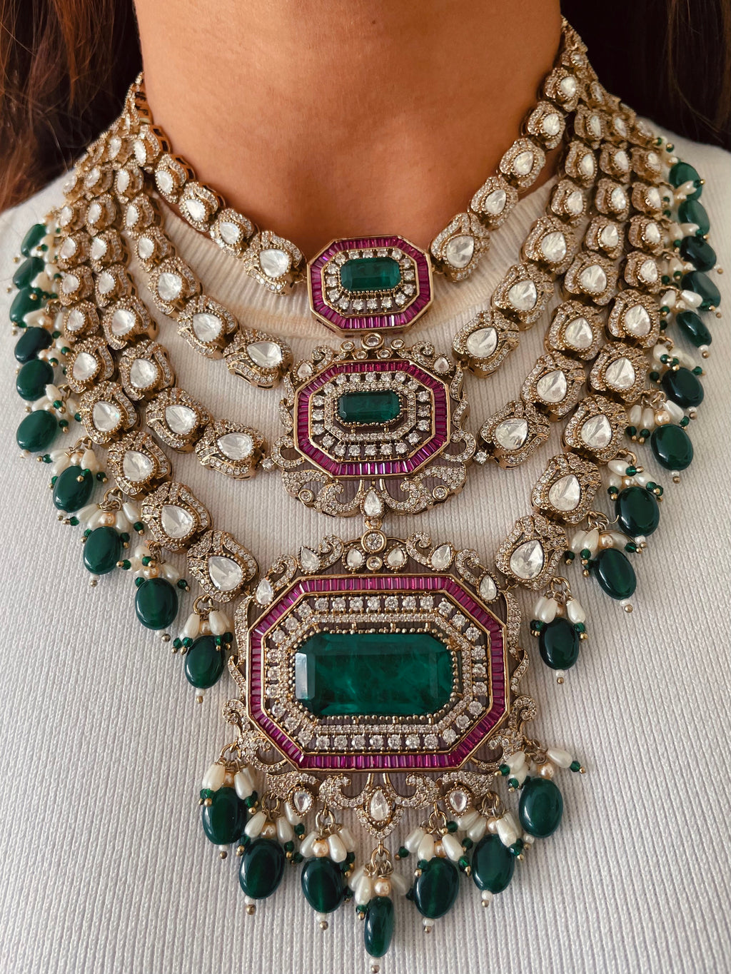 Partika Hexagon Grand Ruby & Emerald Polki Necklace Set — side view — Prerto