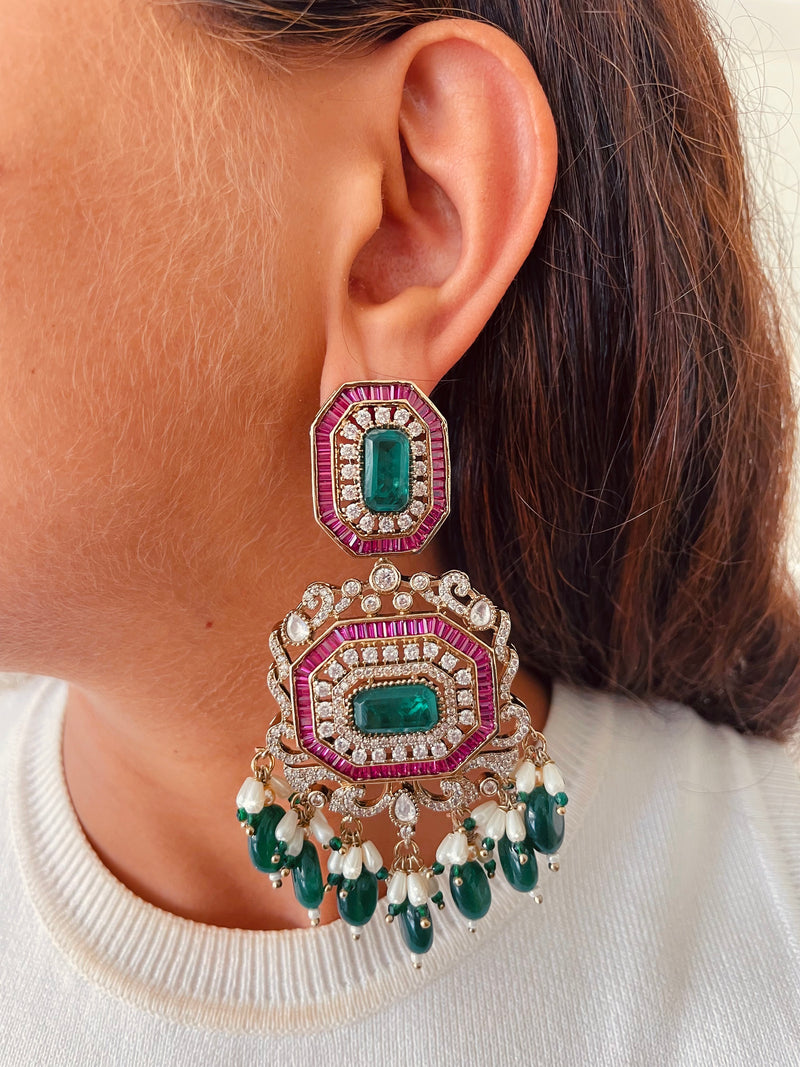 Partika Hexagon Grand Ruby & Emerald Polki Necklace Set — styled view — Prerto