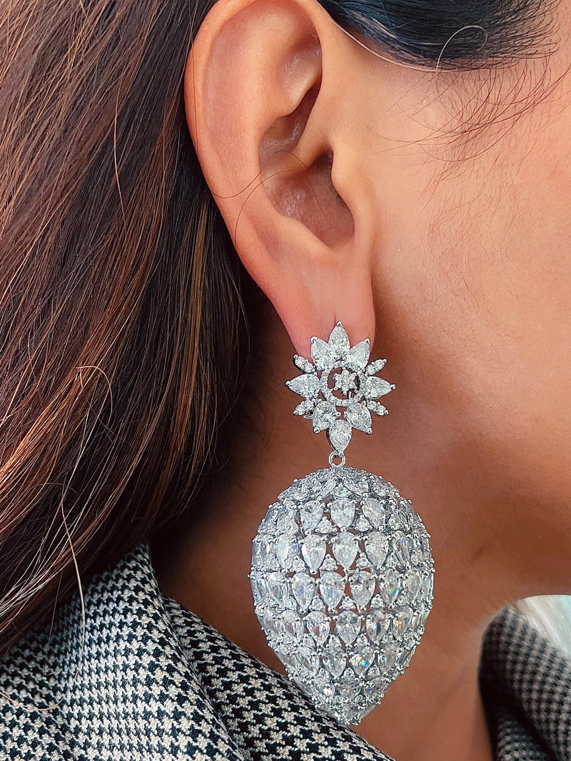 Frosted Sheeshmahal Floral Silver Chandbali Earrings by Prerto — Indian bridal jewellery