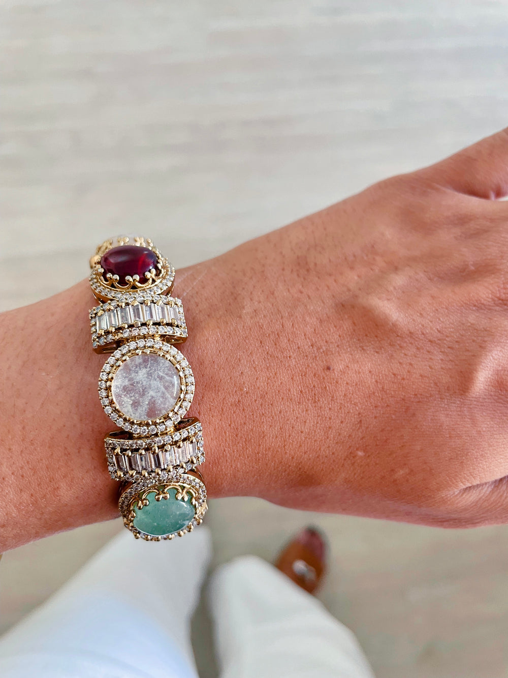 Ria Multicolour Kundan White Diamond Detailing Kada Bangle by Prerto — Indian bridal jewellery