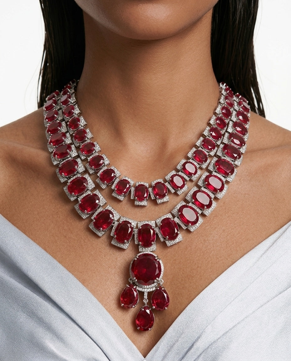 2 Layered Boulder Ruby Pavé Diamond-Like Zircon Necklace Set by Prerto