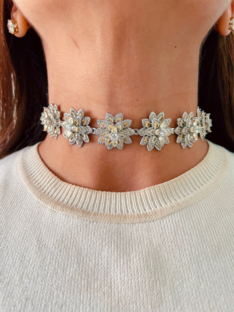Alisha Citrine Floral Diamond Garden Choker Necklace Set — front view — Prerto