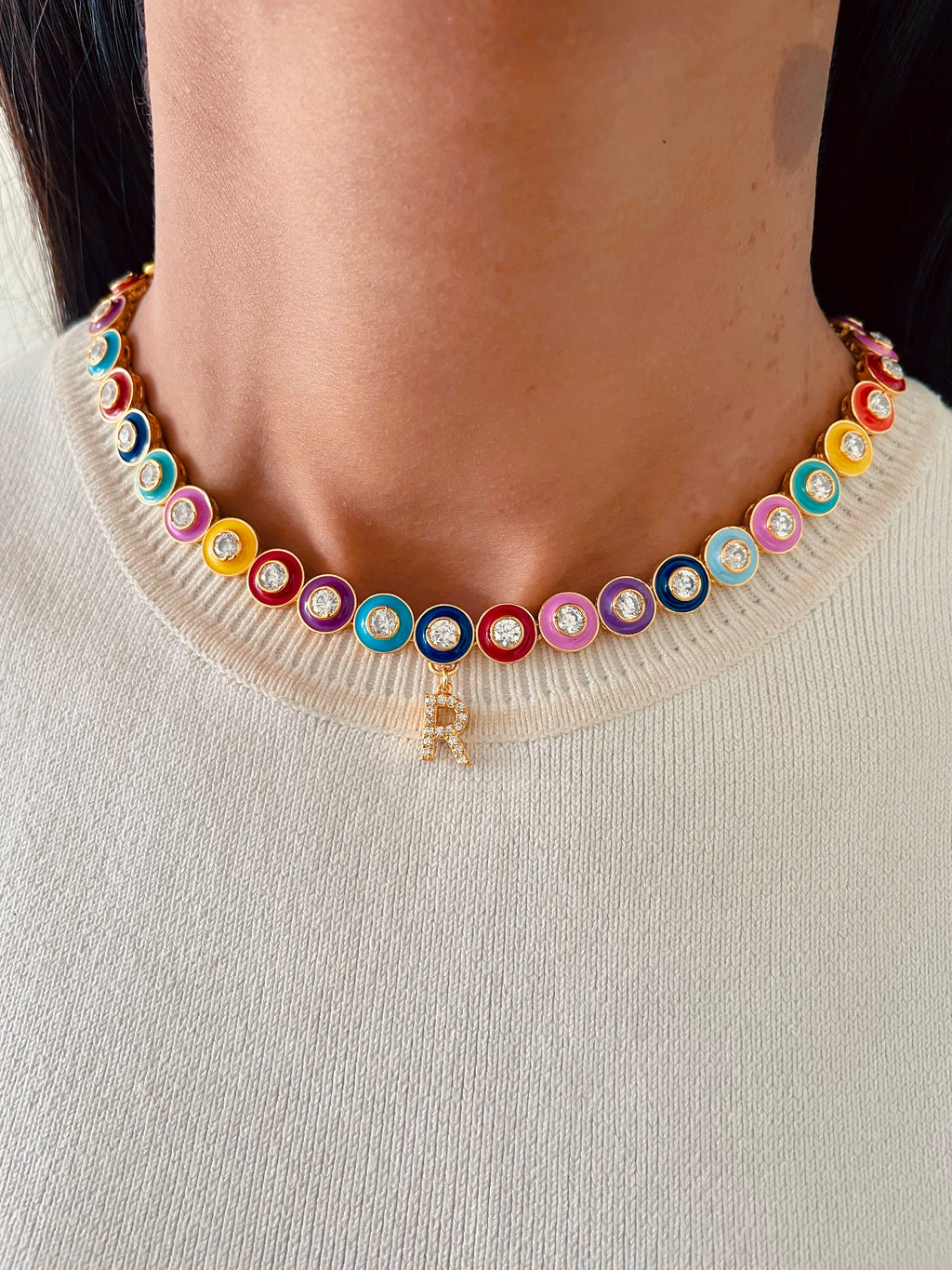 Personalised Over The Rainbow Single Letter Choker Necklace by Prerto — worn on model