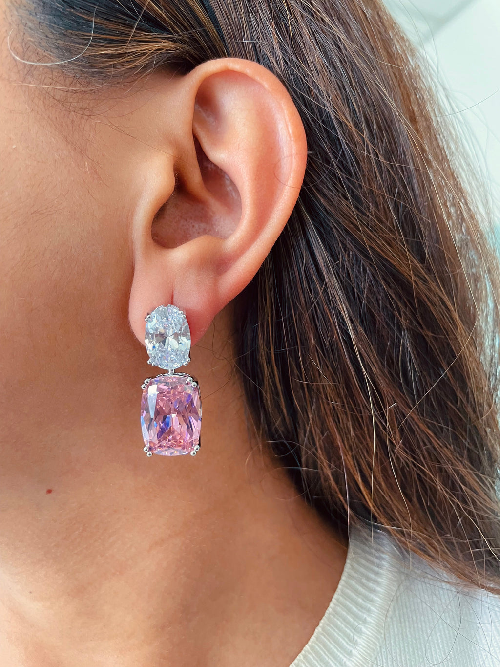 Maharani Blossom Oval Diamond & Blossom Pink Drop Duo Necklace Set — flat lay — Prerto