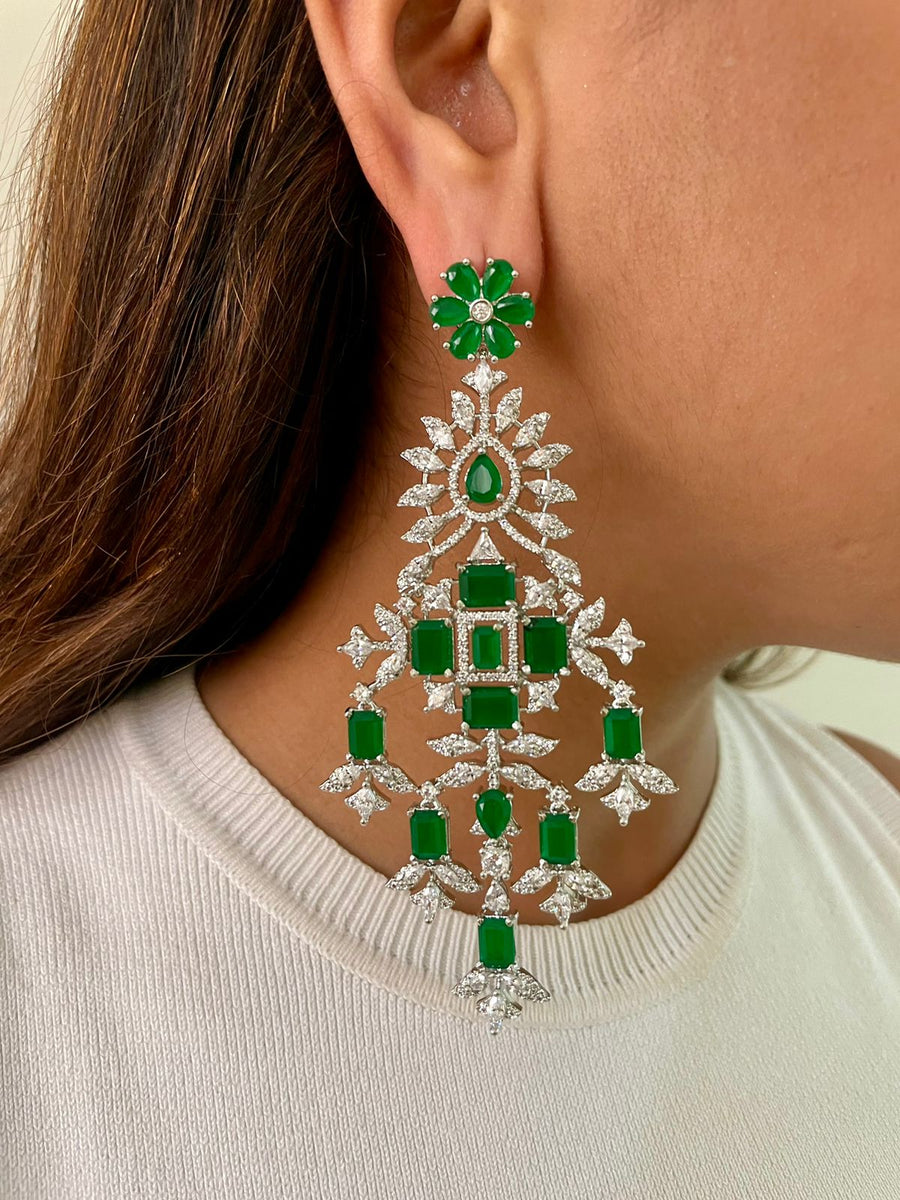 4 Layer Statement Chandelier Emerald Necklace Set (Earrings & Necklace)