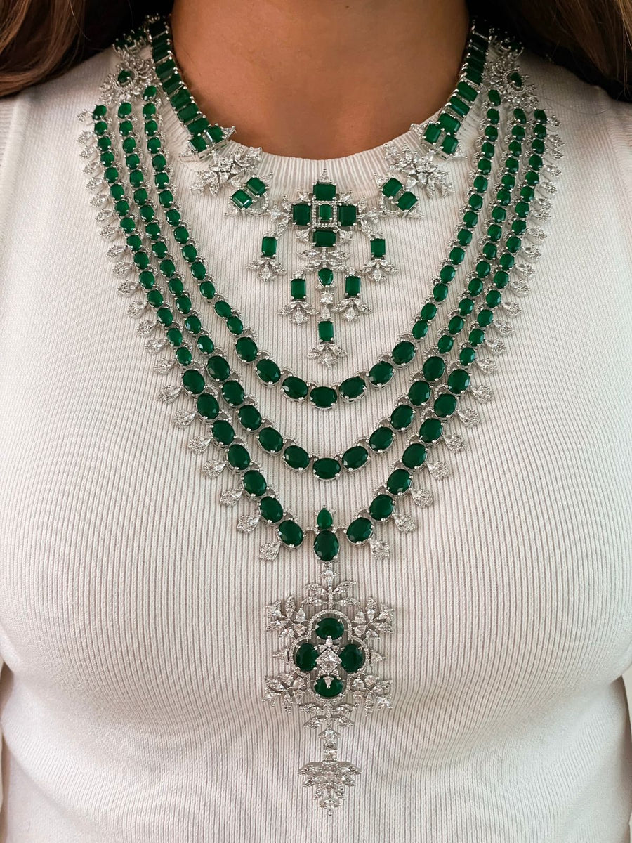 4 Layer Statement Chandelier Emerald Necklace Set (Earrings & Necklace)