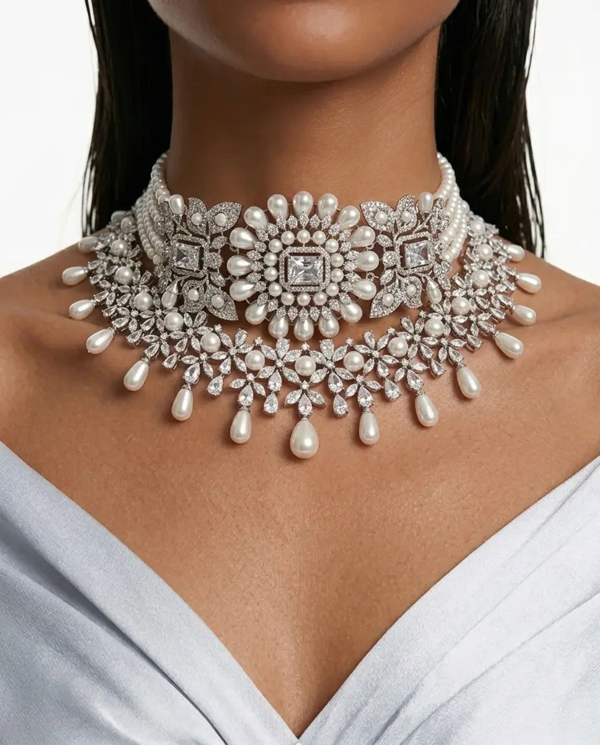 Maharani Paso Pearly Trio Diamond Necklace Set & Zoya Pearl and Diamond Necklace Set (2 Necklaces & 2 Earrings)