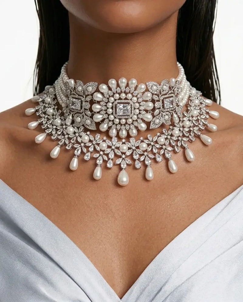 Maharani Paso Pearly Trio Diamond Necklace Set & Zoya Pearl and Diamond Necklace Set (2 Necklaces & 2 Earrings)